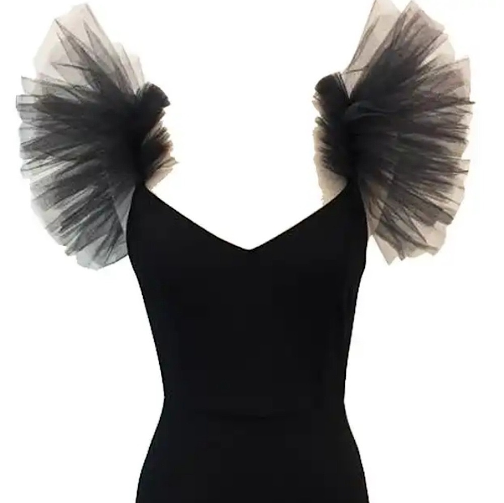 JUST DROPPED #28 Ruffled Mesh Shoulder Black Bodycon Dress XS S - Picture 4 of 8